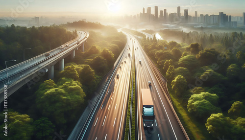 Aerial top view of Truck Highway drone short of truck and road, sustainable transport. Drone view of hydrogen energy truck driving