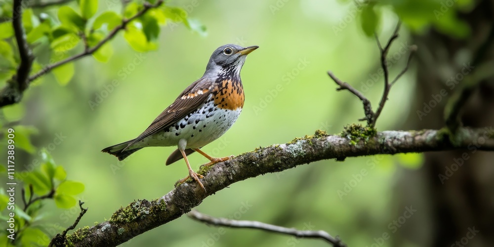 Fieldfare thrush perched on a tree branch amidst the forest surroundings, showcasing the beauty of the fieldfare as it blends with the natural environment. Fieldfare thrives in wooded areas. Fieldfare thrush perched on a tree branch amidst the forest surroundings, showcasing the beauty of the fieldfare as it blends with the natural environment. Fieldfare thrives in wooded areas.