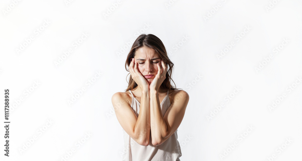 Woman showing emotion of depression, fatigue, emotional burnout on white background. Mental health Woman showing emotion of depression, fatigue, emotional burnout on white background. Mental health