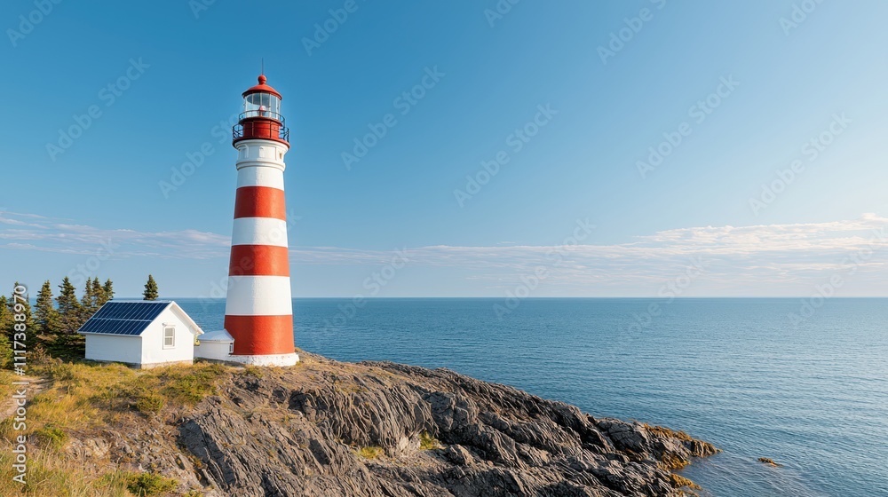 Fototapeta premium scenic view of solar powered lighthouse on rocky coastline, surrounded by calm waters and clear blue skies, evokes sense of tranquility and natural beauty