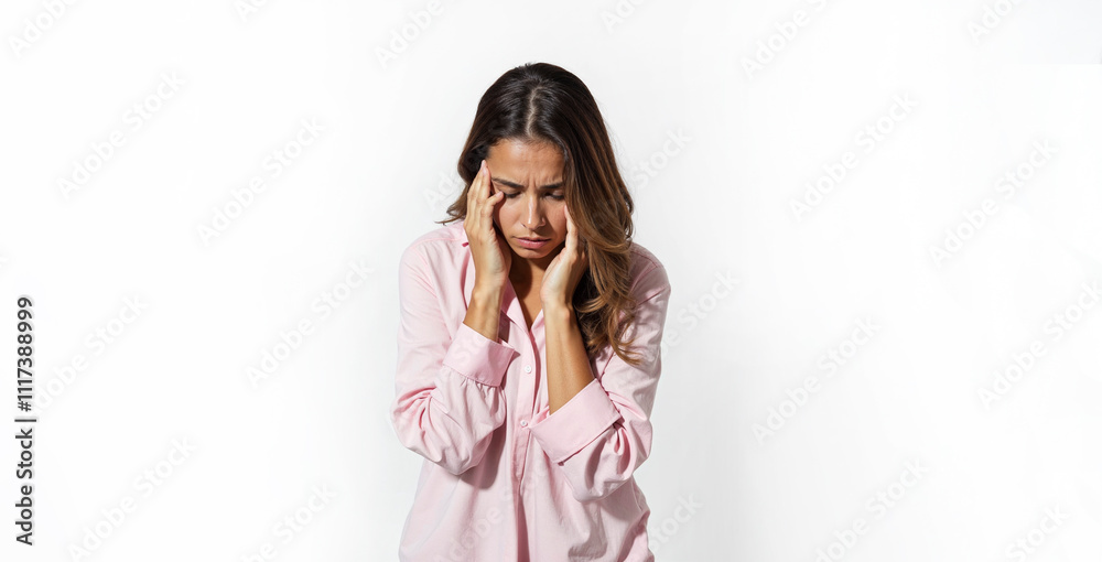Woman showing emotion of depression, fatigue, emotional burnout on white background. Mental health