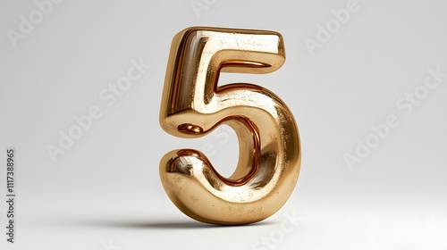  Golden 3D Number 5 Isolated on White Background for Graphic Design and Celebrations 