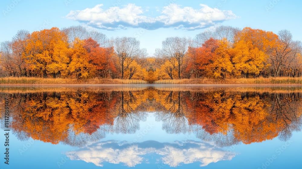 Obraz premium Autumn trees reflecting on calm water