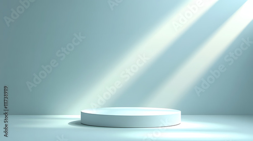 White podium or pedestal, blue background for product presentation. a platform stand on a light pastel wall with sun ray shadow.