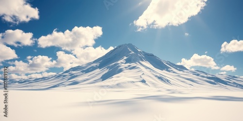 A snowy mountain range with a bright blue sky and fluffy white clouds, casting long shadows on the pristine white landscape.