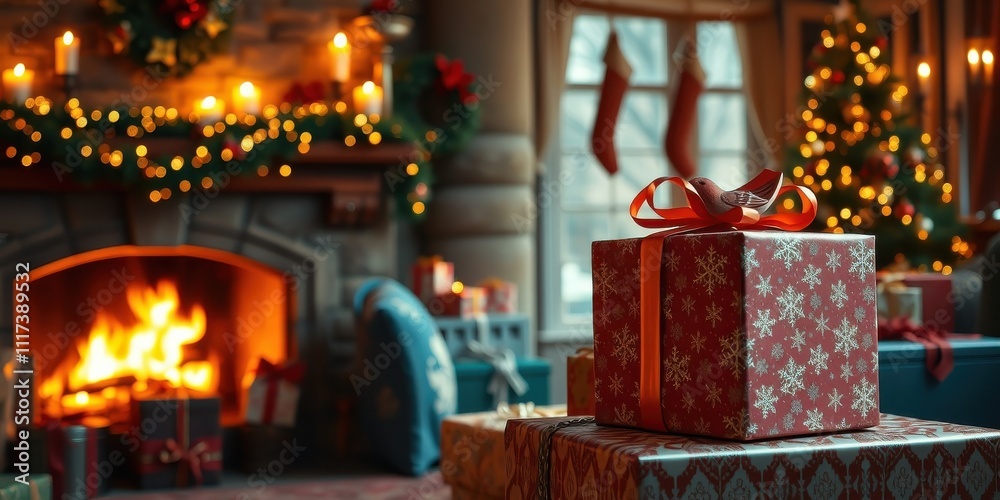 A festive Christmas scene with a fireplace, a Christmas tree, and a beautifully wrapped gift, exuding the warmth and joy of the holiday season.