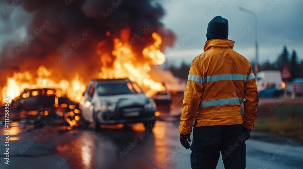 Emergency Response Worker Observing Large Fire Incident on Road with Burning Vehicles and Smoke Rising in Dramatic Evening Sky Emergency Response Worker Observing Large Fire Incident on Road with Burning Vehicles and Smoke Rising in Dramatic Evening Sky