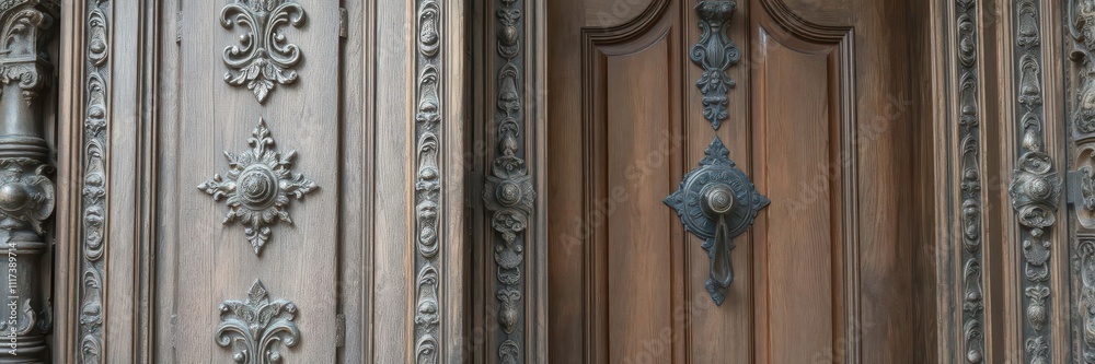 Fototapeta premium Wooden door with intricate carvings and a sturdy lock, closed, home