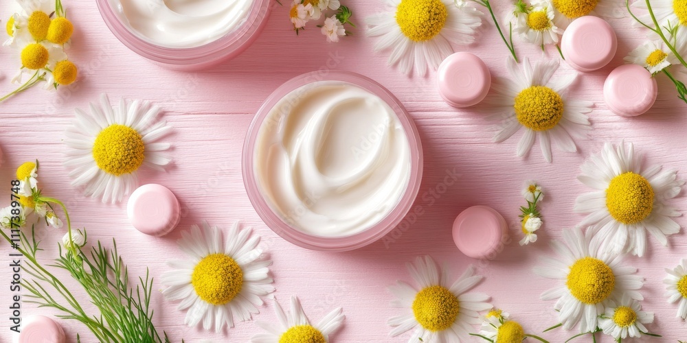 Natural cosmetic cream with chamomile and yellow flowers, placed on pink wooden capsules, highlights the beauty and benefits of nature in skincare products. Natural cosmetic cream with chamomile and yellow flowers, placed on pink wooden capsules, highlights the beauty and benefits of nature in skincare products.