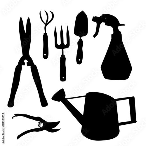 Set of Gardening Tools Silhouette Vector Illustration