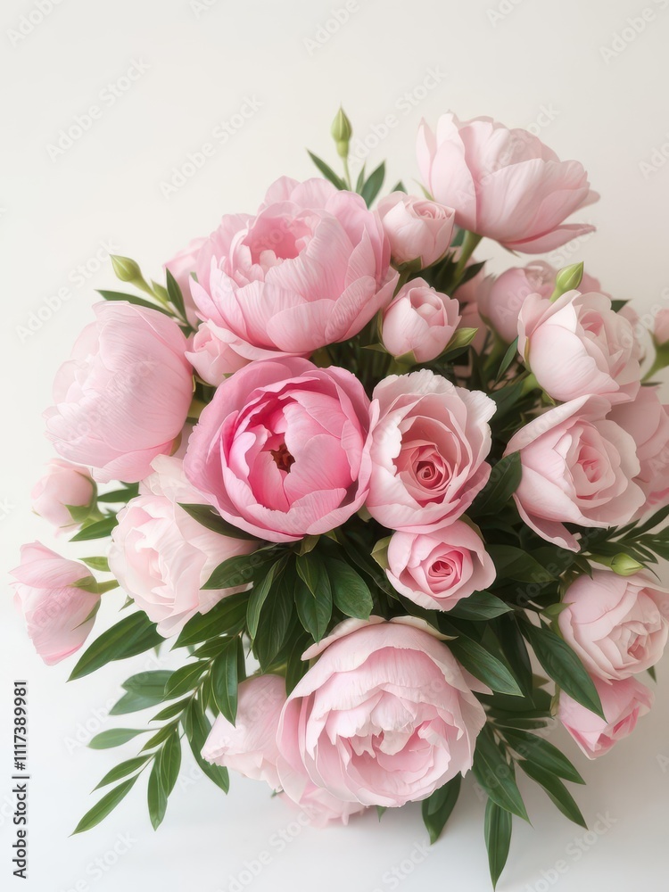 A beautiful arrangement of fresh pink peonies and roses perfect for romantic occasions, weddings, and events, vibrant, copy space A beautiful arrangement of fresh pink peonies and roses perfect for romantic occasions, weddings, and events, vibrant, copy space