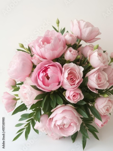 A beautiful arrangement of fresh pink peonies and roses perfect for romantic occasions, weddings, and events, vibrant, copy space