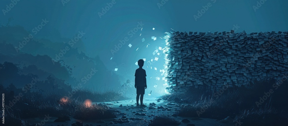Obraz premium Silhouetted figure stands alone in a dramatic fantastical landscape under a starry night sky creating a sense of mystery adventure and wonder
