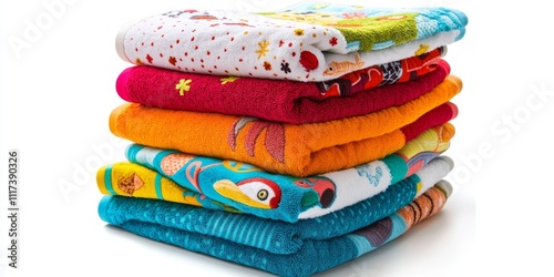 A stack of neatly folded children s towels showcasing vibrant colors and playful designs. This stack of children s towels is perfect for adding a cheerful touch to any bathroom or play area. photo