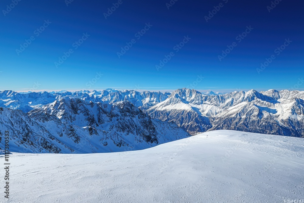 Obraz premium A panoramic view of snow-covered mountains under a clear blue sky.