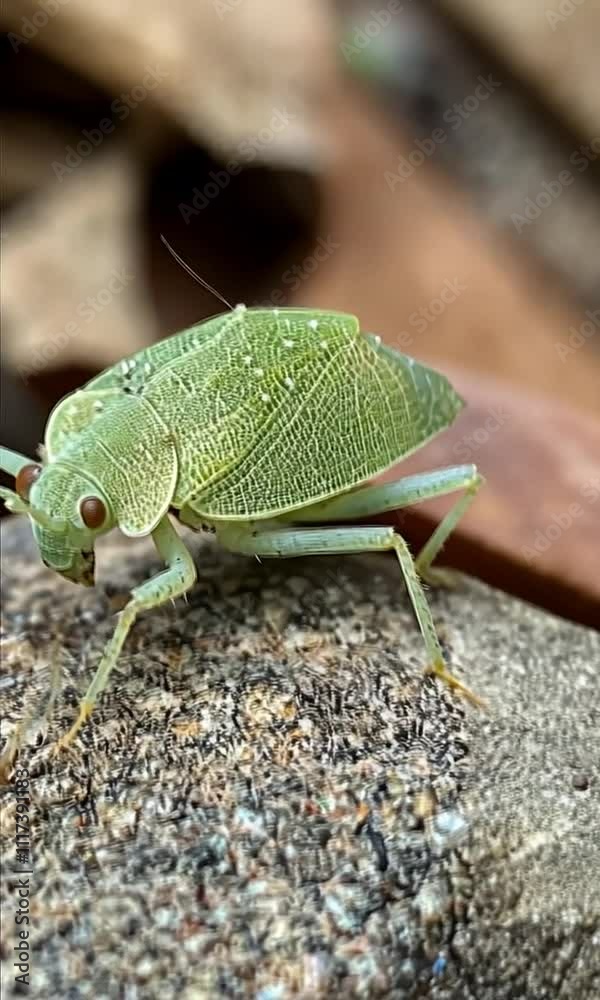 Close Up of Green Insect in Nature Detailed Macro Texture of Wildlife Outdoor Bug Resting on Textured Surface, Showcasing Intricate Features and Vibrant Color. Close Up of Green Insect in Nature Detailed Macro Texture of Wildlife Outdoor Bug Resting on Textured Surface, Showcasing Intricate Features and Vibrant Color.