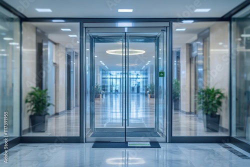 Modern glass entrance to a spacious lobby with plants and polished floors.