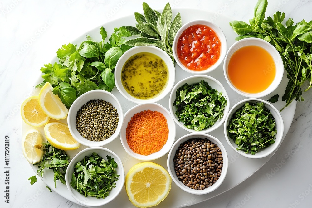 A flat lay of lentil salad arranged with small bowls of dressing, lemon wedges, and extra herbs. A flat lay of lentil salad arranged with small bowls of dressing, lemon wedges, and extra herbs.