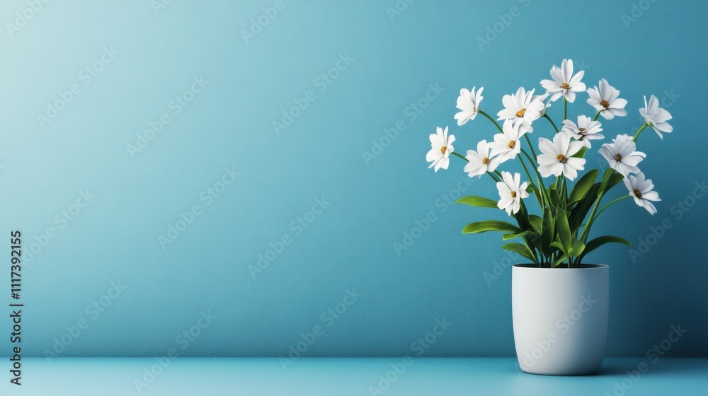 White Flowering Plant in a Modern Pot Against a Soft Blue Background for Home Decor Inspiration White Flowering Plant in a Modern Pot Against a Soft Blue Background for Home Decor Inspiration