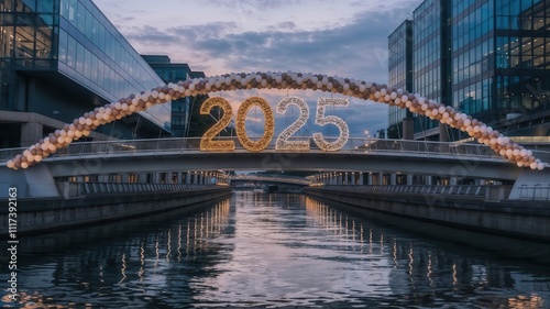 HAPPY NEW YEAR 2025, Festive Balloon Arch with Sparkling 2025 on Futuristic Bridge. photo