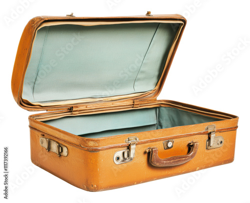 Open vintage suitcase displaying interior, cut out - stock png. photo