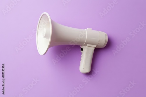 White megaphone on purple background. Perfect for announcements, protests, or marketing.