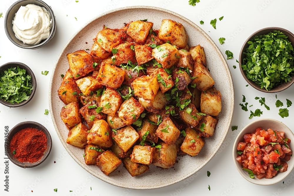 Patatas bravas arranged on a large plate, accompanied by small bowls of salsa, aioli, and a sprinkle of paprika. Patatas bravas arranged on a large plate, accompanied by small bowls of salsa, aioli, and a sprinkle of paprika.