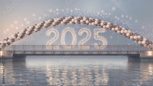 Happy New Year 2025 Balloon Arch on Futuristic Bridge photo