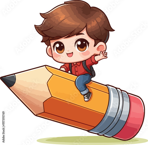 a boy is riding on a pencil vector