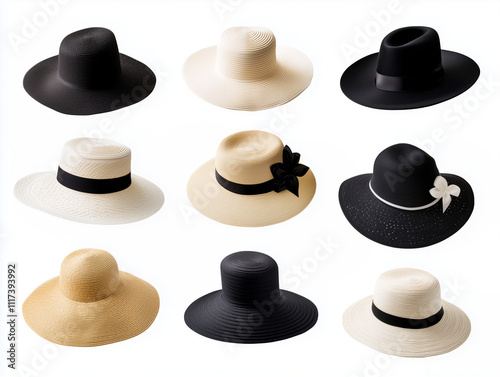 Collection of stylish fedora hats isolated on a white background photo