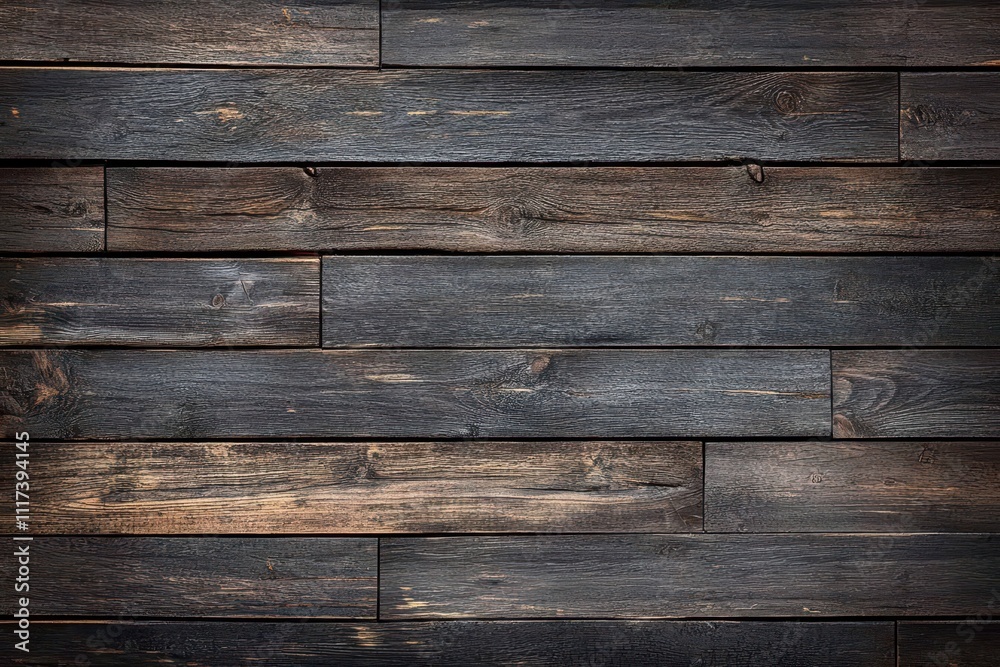 A textured wooden wall featuring dark planks arranged in a horizontal pattern. A textured wooden wall featuring dark planks arranged in a horizontal pattern.
