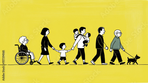 Cartoon-Style Illustration of a Diverse Family Walking Together