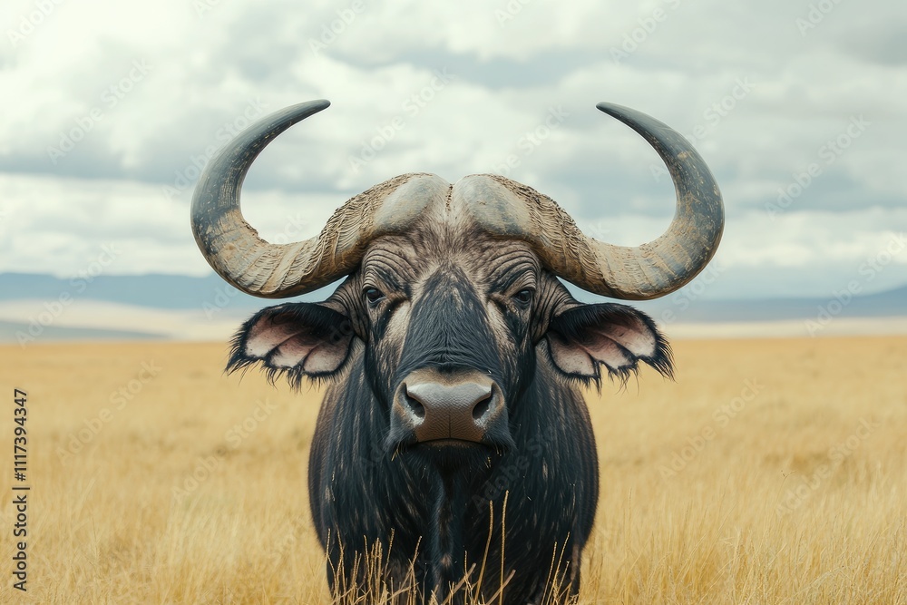 Close-up of a powerful buffalo with intense gaze and a background of golden grass. Close-up of a powerful buffalo with intense gaze and a background of golden grass.