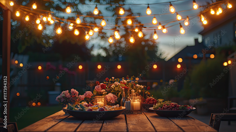 A beautifully lit outdoor dining setup for a cozy evening gathering. A beautifully lit outdoor dining setup for a cozy evening gathering.