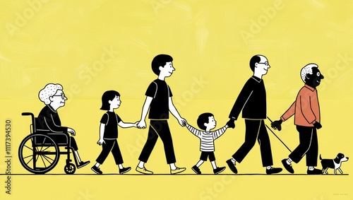 Cartoon-Style Illustration of a Diverse Family Walking Together