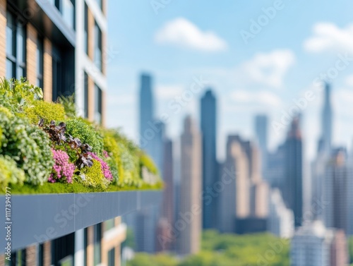 A vibrant balcony garden featuring lush plants and flowers against a stunning city skyline on a sunny day. photo