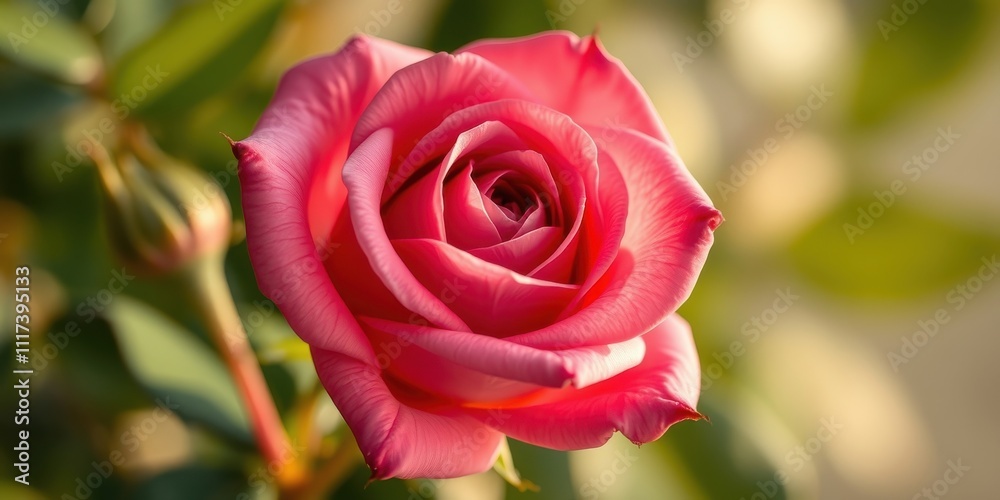 A single pink rose with delicate petals unfurling in the soft morning light, bathed in a gentle glow and surrounded by lush green foliage A single pink rose with delicate petals unfurling in the soft morning light, bathed in a gentle glow and surrounded by lush green foliage