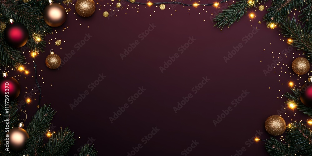 Festive Christmas background featuring lush fir branches adorned with shimmering gold baubles, creating a warm and joyful holiday atmosphere.