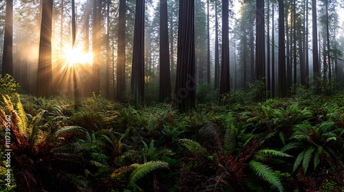 Sunlight Filtering Through Tall Trees in Lush Redwood Forest at Sunrise Nature Serenity : Generative AI photo