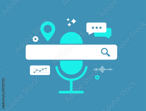 Voice search SEO boosts visibility by optimizing smart devices. Local search and natural language, enhancing traffic and ranking through voice assistants. Voice search optimization vector illustration