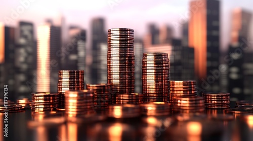 Stacked Coins in a Cityscape with Golden Sunset Reflections and Modern Urban Background : Generative AI photo