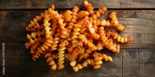 Homemade curly organic fresh fried French fries displayed on a rustic wooden background, showcasing the deliciousness and texture of curly French fries, perfect for any food lover.