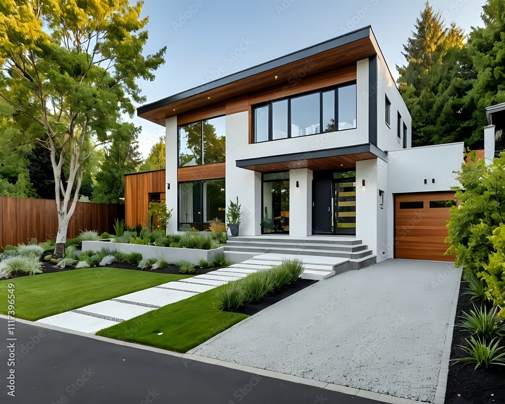 Home, This modern two-story house features a contemporary design with wood and glass. Home, This modern two-story house features a contemporary design with wood and glass.