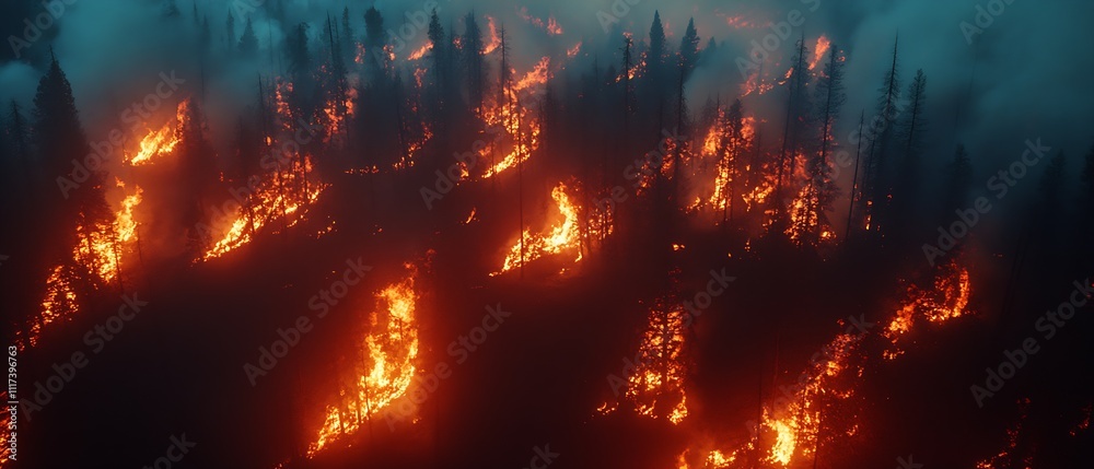 Intense Wildfire Blaze in Dense Pine Forest Captured During Nighttime : Generative AI Intense Wildfire Blaze in Dense Pine Forest Captured During Nighttime : Generative AI