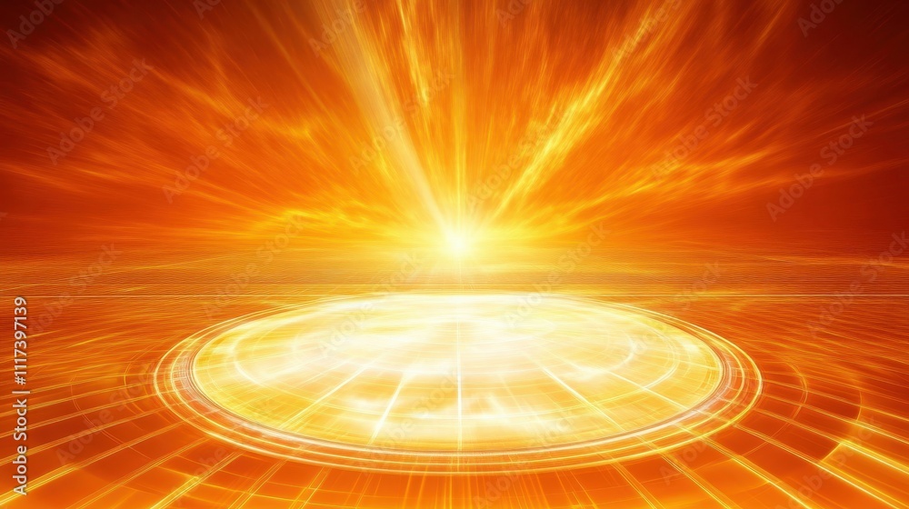 Radiant sunrise over a circular energy platform. Radiant sunrise over a circular energy platform.