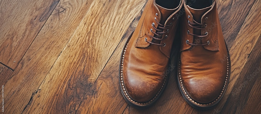 Pair of brown leather boots on wooden floor. (1) Pair of brown leather boots on wooden floor. (1)