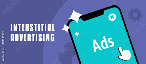 Interstitial ads and in-app advertising banner highlighting user engagement, native ad content, programmatic monetization and targeted mobile marketing strategies. Digital marketing vector header