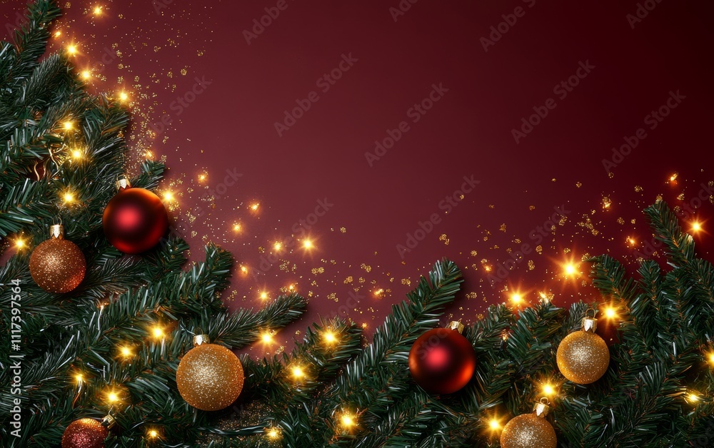 A beautifully decorated Christmas tree adorned with red and gold ornaments, illuminated by twinkling lights, set against a vibrant red background.