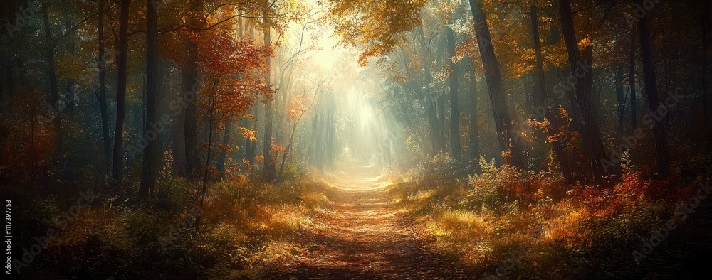 Sunlit Path Through an Autumn Forest Sunlit Path Through an Autumn Forest