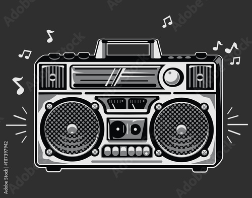 Music design - monochrome boom box tape recorder with musical notes